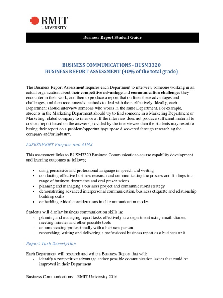 Business Report Assessment Guide RMIT | PDF | Educational Assessment ...
