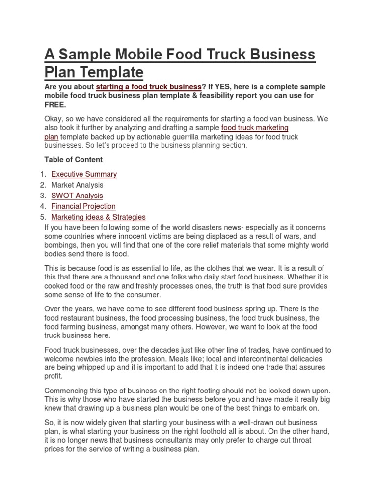 A Sample Mobile Food Truck Business Plan Template  PDF Within Business Plan Template Food Truck