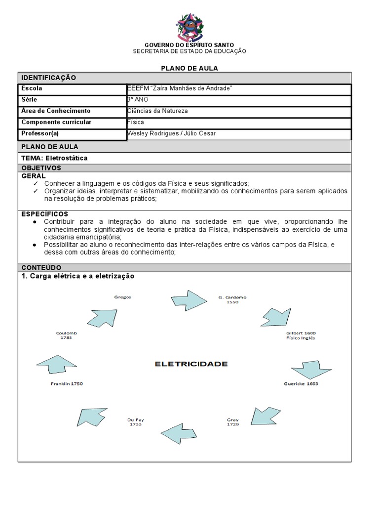 Plano de Aula - Eletrostática | PDF | Eletrostática | Eletricidade