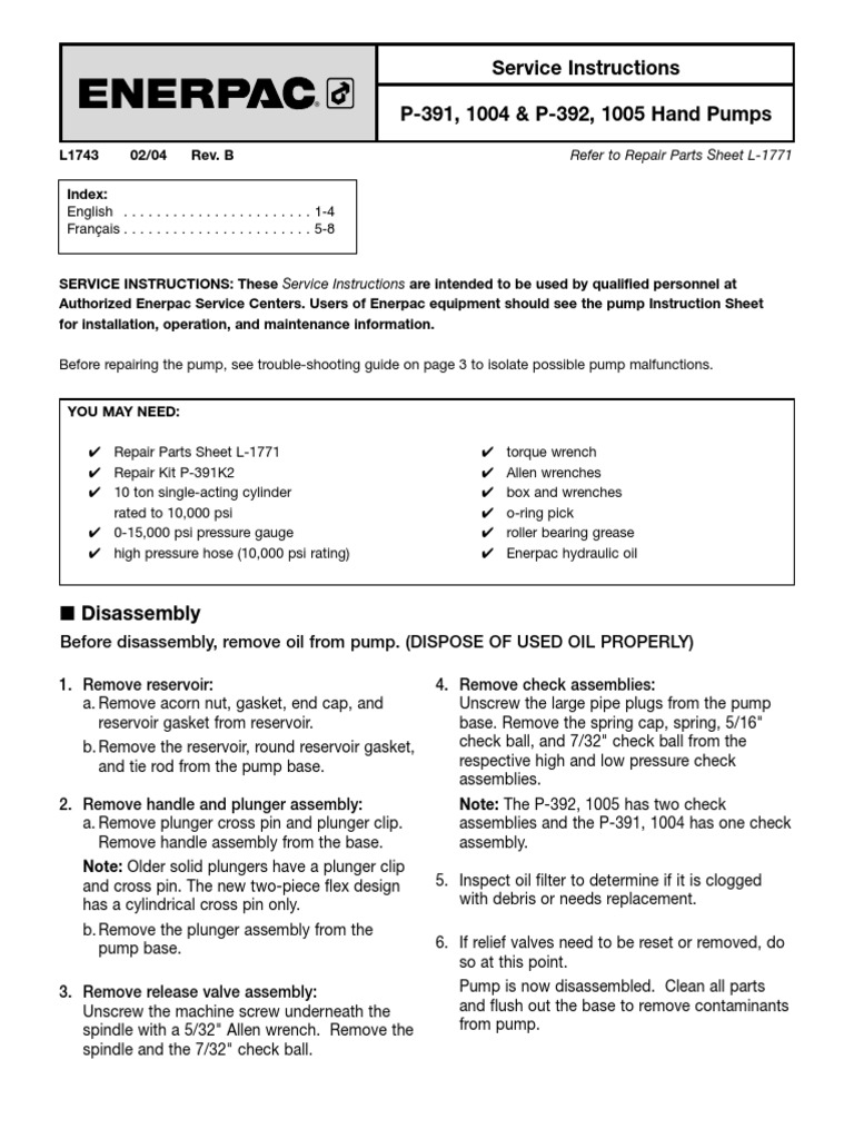 Enerpac P392 Service Instructions PDF Pump Leak