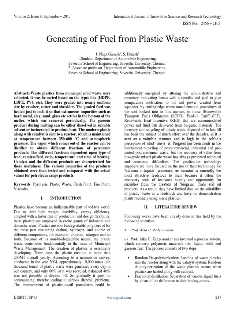 Generating of Fuel From Plastic Waste PDF Plastic Distillation