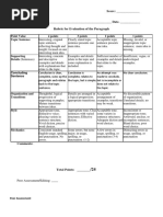 University of El Salvador Score: - English Composition I Student: - Date. - Rubric For Evaluation of The Paragraph