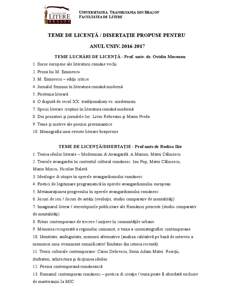 2016 2017 Teme Propuse Pt Lucrari De Licenta Si De Disertatie Litere