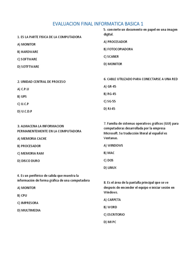 Evaluacion Final Informatica Basica 1 | PDF | Microsoft | Hardware de ...