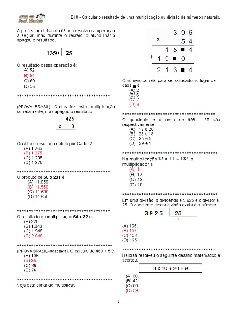 D18 - Exercícios de cálculo de resultados de multiplicações e divisões ...