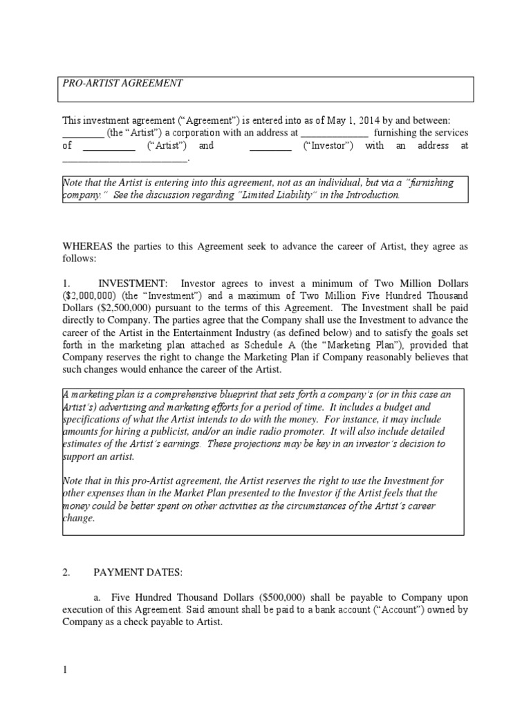 Artist Investment Agreement (ProArtist) PDF Investing Royalty