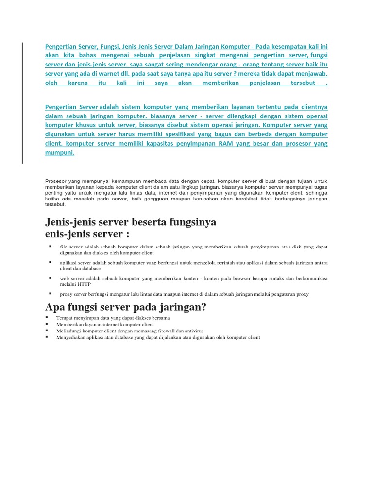 Pengertian dan Fungsi Server Jaringan | PDF