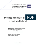 Producción de Éter Dimetílico A Partir de Metanol: Universidad Mayor de San Simón Facultad de Ciencias Y Tecnología