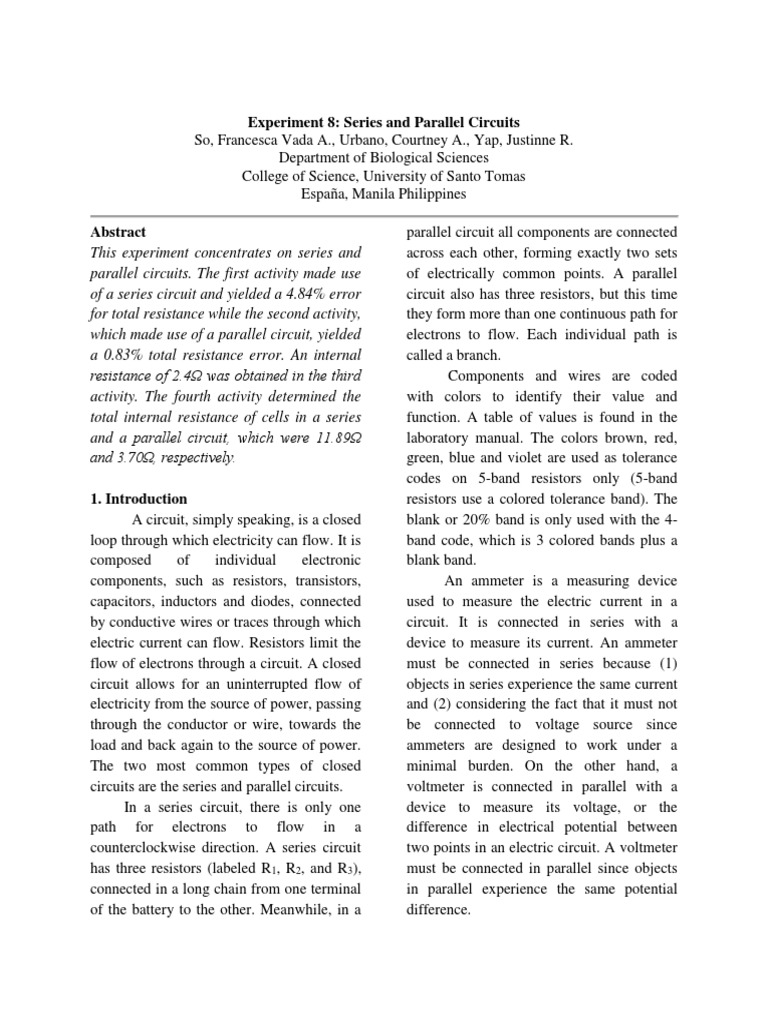 Experiment 8 Series And Parallel Circuits Physics Lab Pdf Series