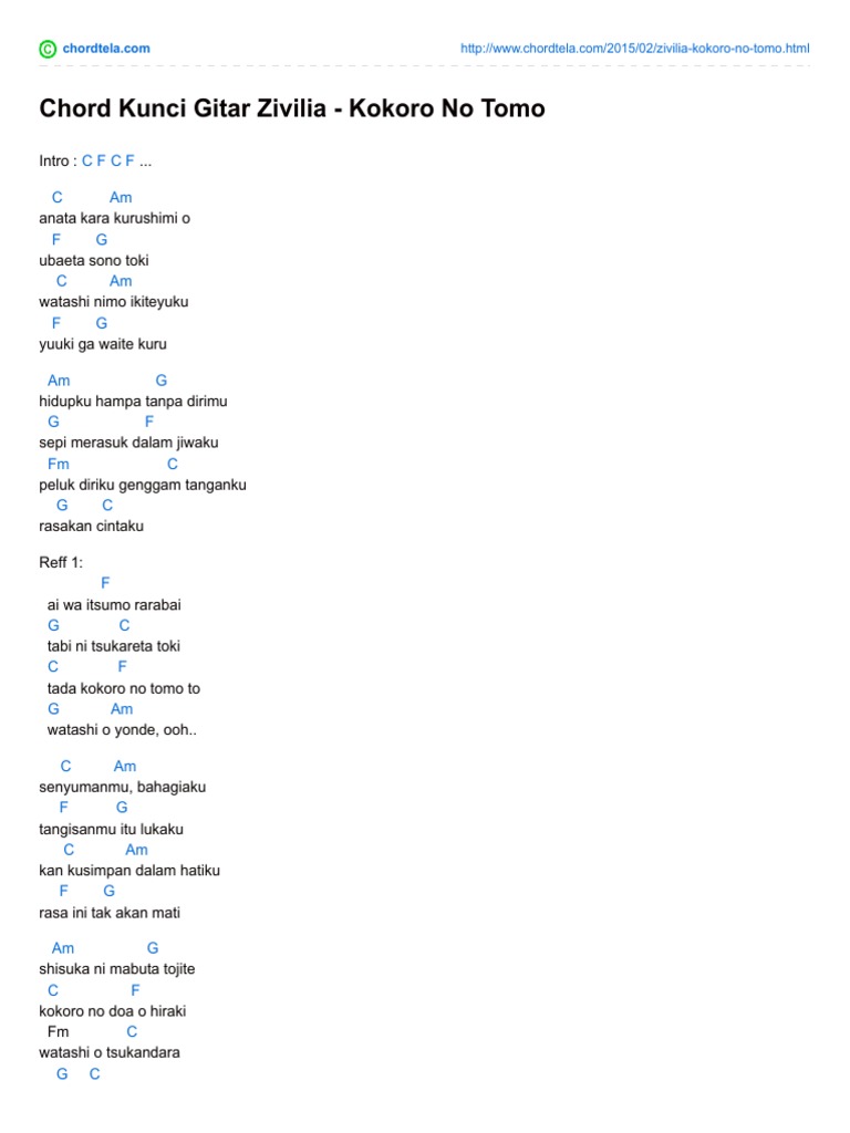 Chord Kunci Gitar Zivilia Kokoro No Tomo