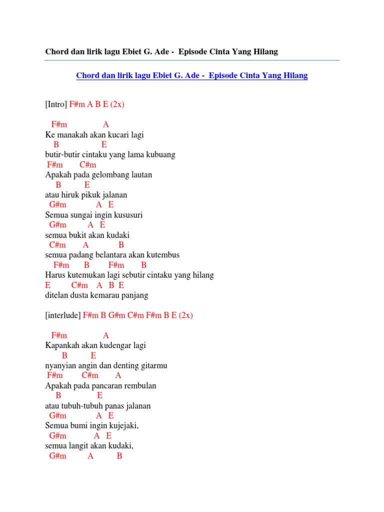 Chord Dan Lirik Lagu Ebiet G Ade Episode Cinta Yang Hilang