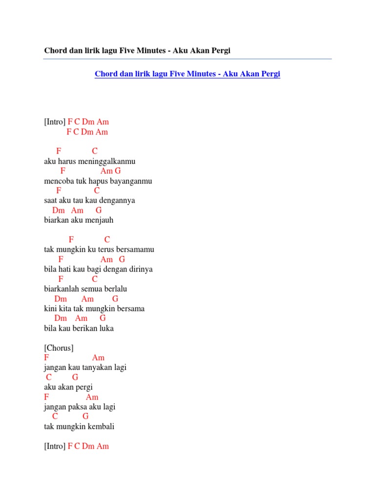 Chord Dan Lirik Lagu Five Minutes Aku Akan Pergi Pdf