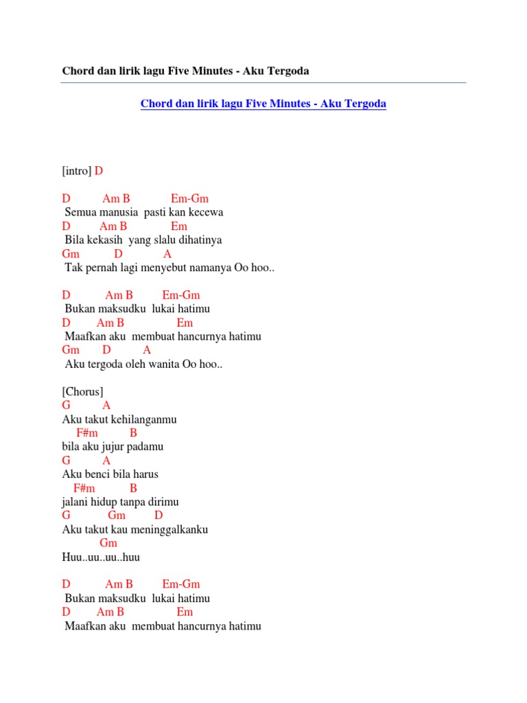 Chord Dan Lirik Lagu Five Minutes Aku Tergoda Pdf