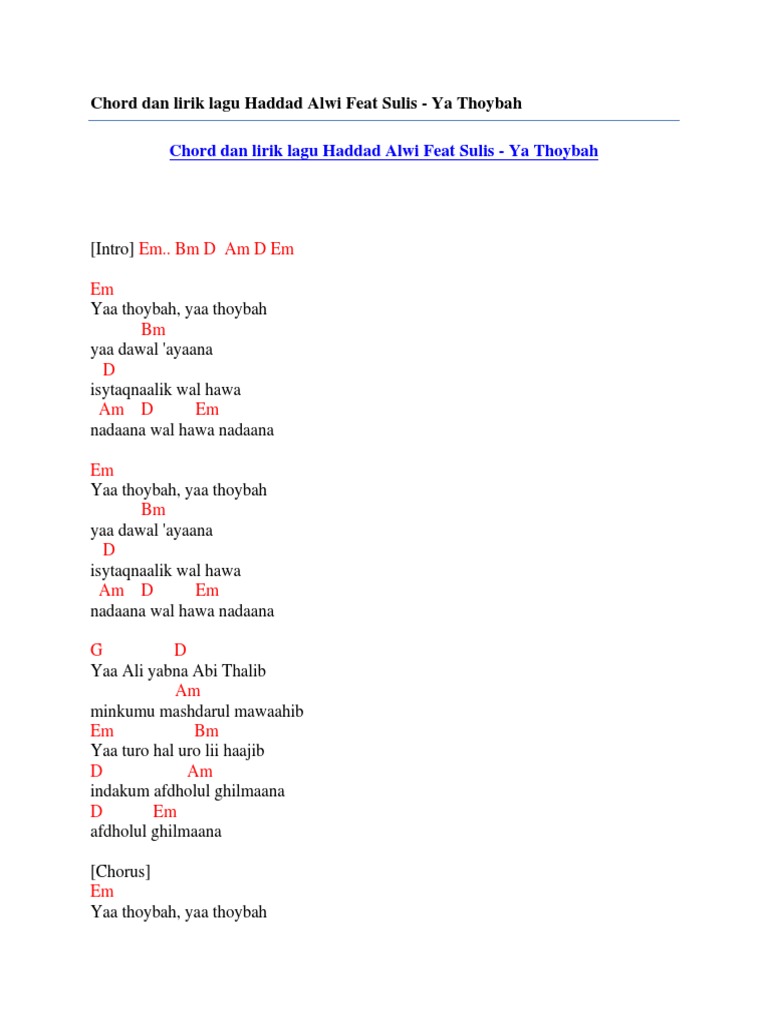 Chord Dan Lirik Lagu Haddad Alwi Feat Sulis Ya Thoybah