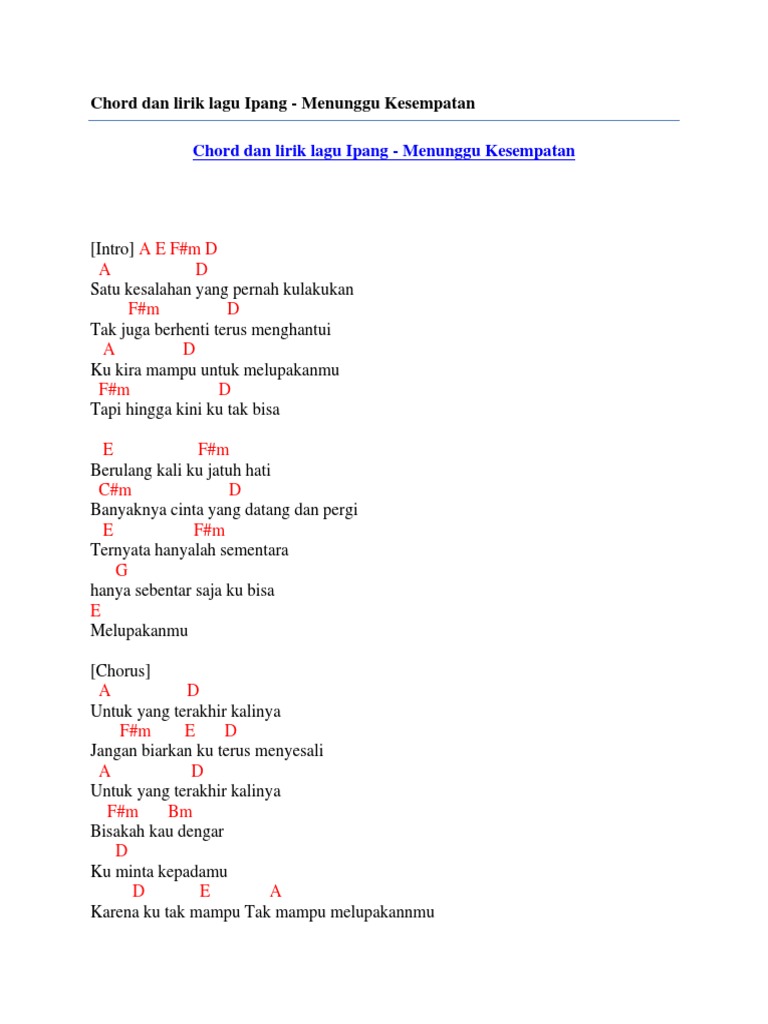 Chord Dan Lirik Lagu Ipang Menunggu Kesempatan