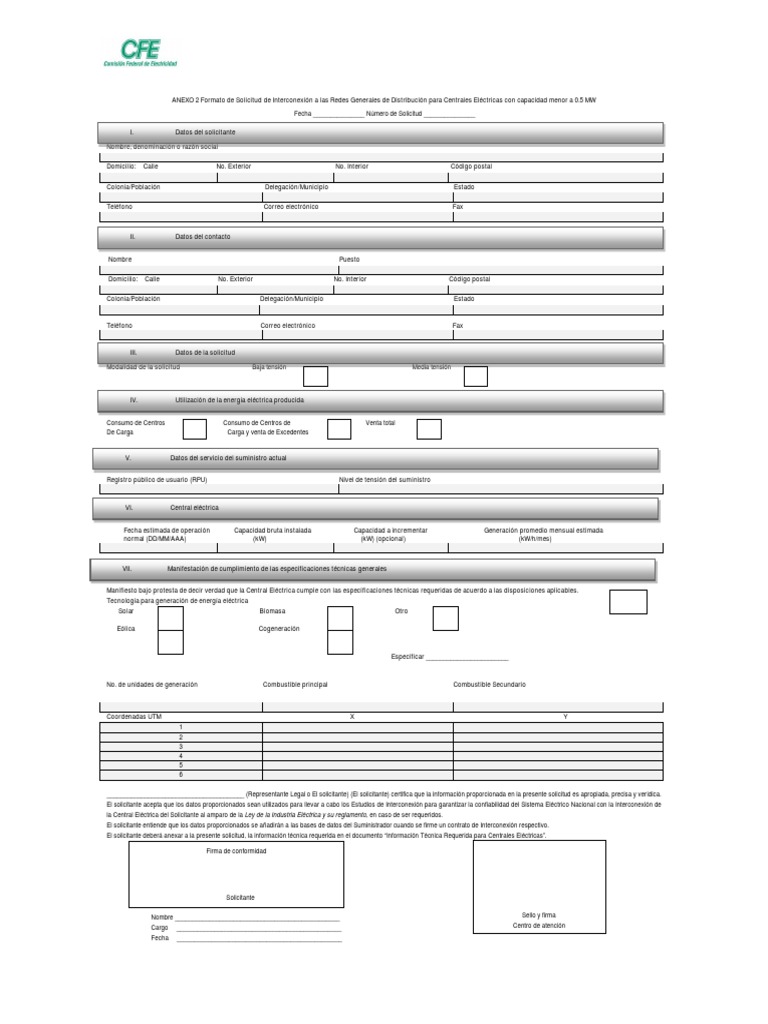 Formato de Solicitud de Interconexión a las Redes