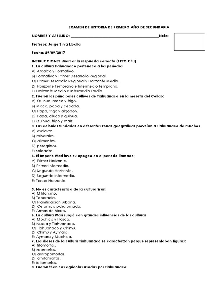 Examen de Historia de Primero Año de Secundaria Historia antigua