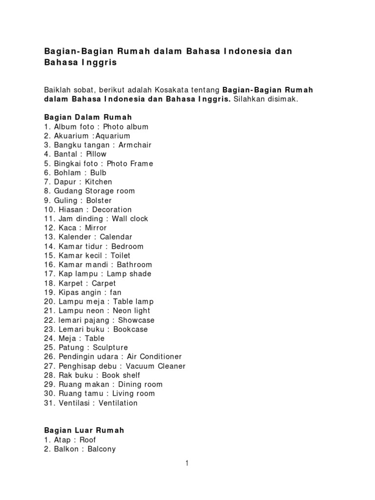 Bagian Bagian Rumah Dalam Bahasa Indonesia Dan Bahasa Inggris Pdf