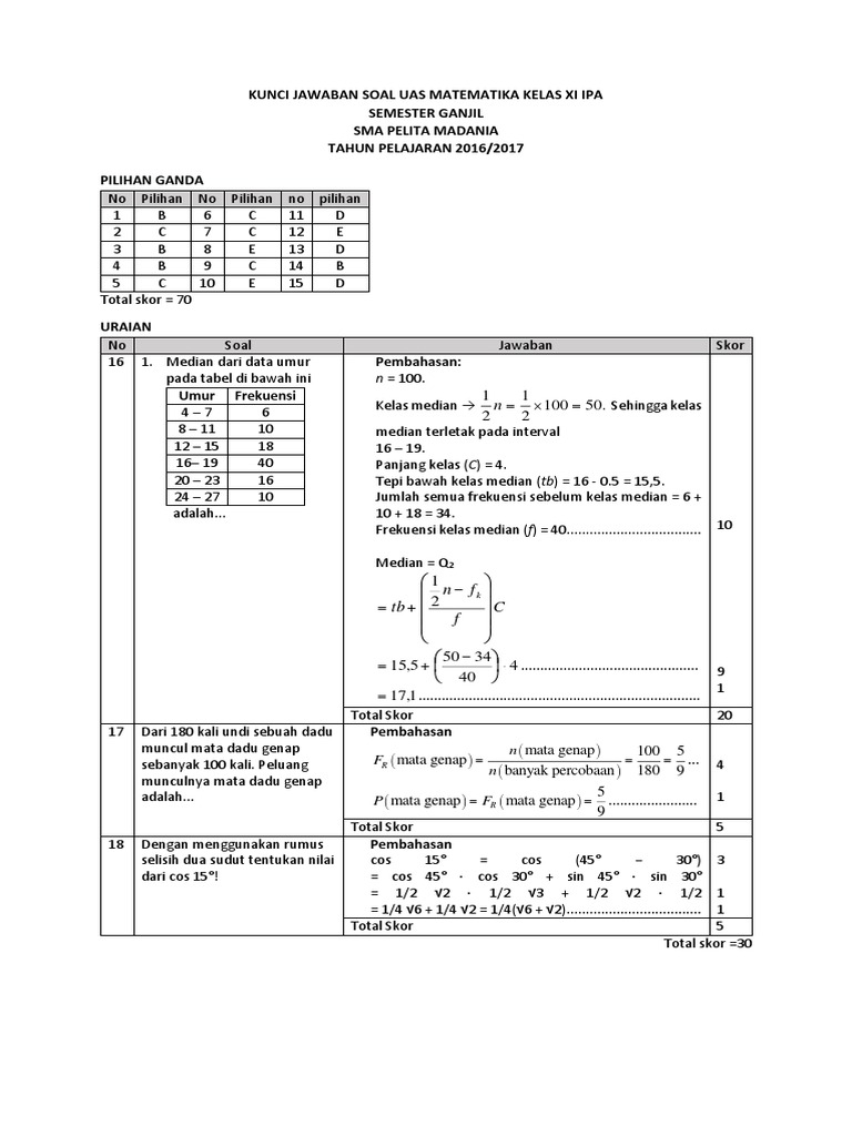 Kunci Jawaban Soal Uas Mtk Kelas Xi Ipa