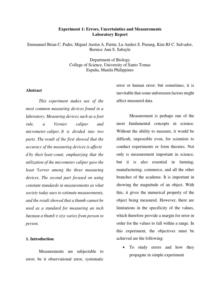 Experiment 1 Errors, Uncertainties and Measurements Laboratory Report