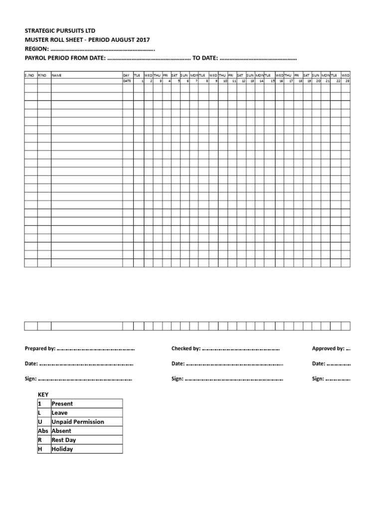 Muster Roll Sheet Format 2017 | PDF