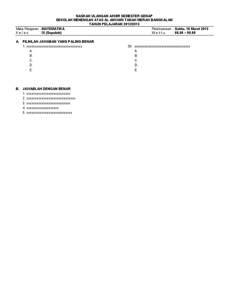 Sma 10 Contoh Kop Soal Dan Lembar Jawaban