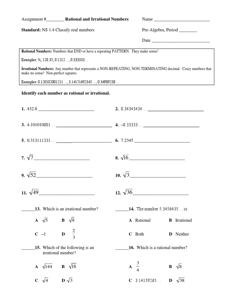 Rational and Irrational Numbers  PDF  Rational Number  Real In Classifying Rational Numbers Worksheet