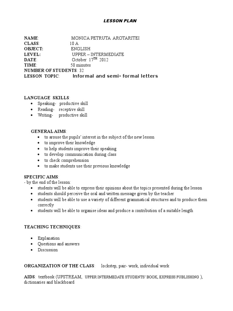 Teaching Informal & Semi-Formal Letters | PDF | Lesson Plan | Teaching
