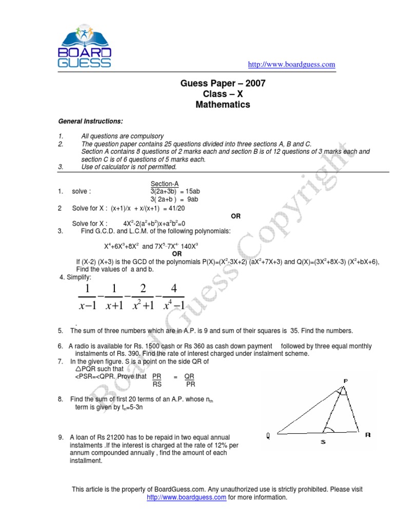 Mathematics X 2007 (40 Guess Paper Collection) | PDF | Circle