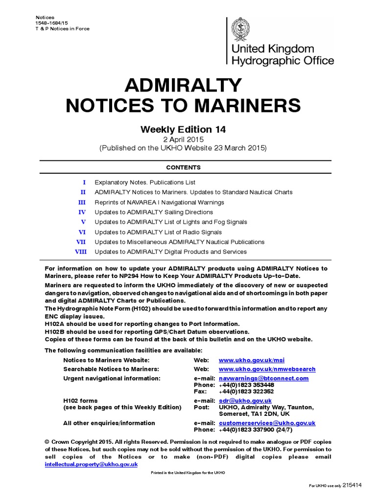 Notices to Mariners UK 14wknm15_week14_2015 Hydrography Navigation