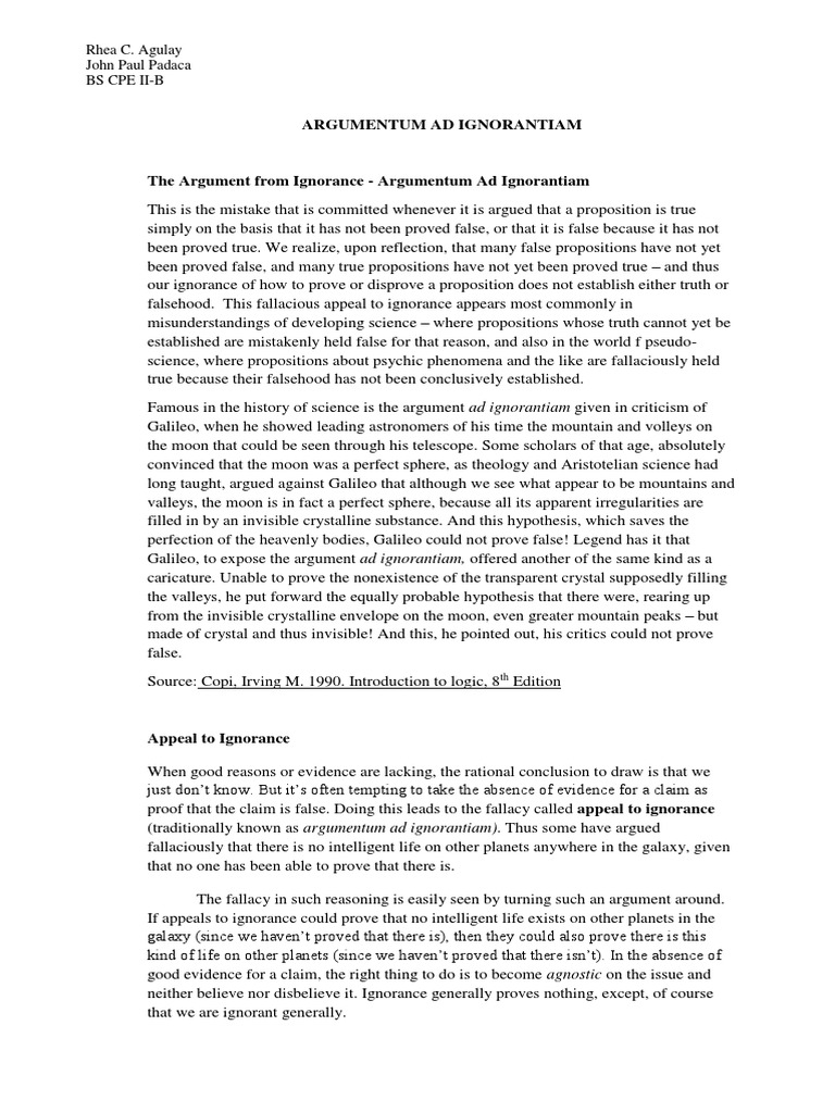 Argumentum Ad Ignorantiam Fallacy Argument
