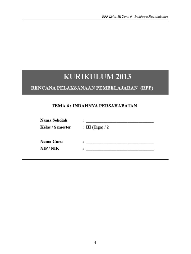 7 RPP Kelas 3 Tema 6 Indahnya Persahabatan