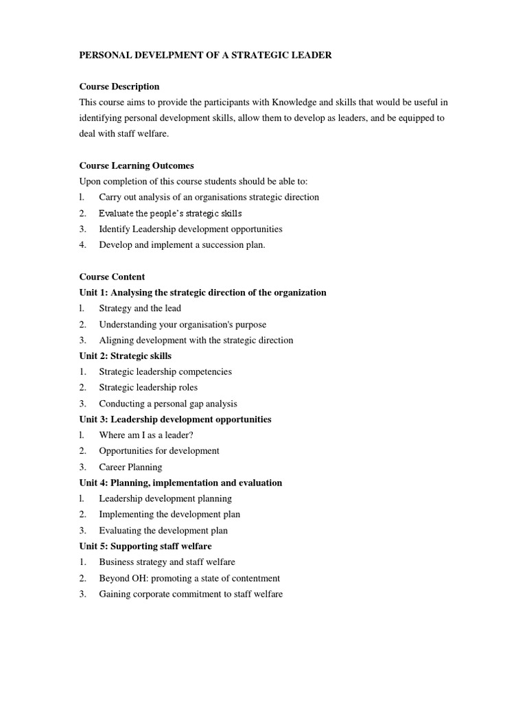 Personal Development Course Outline | Strategic Leadership | Leadership