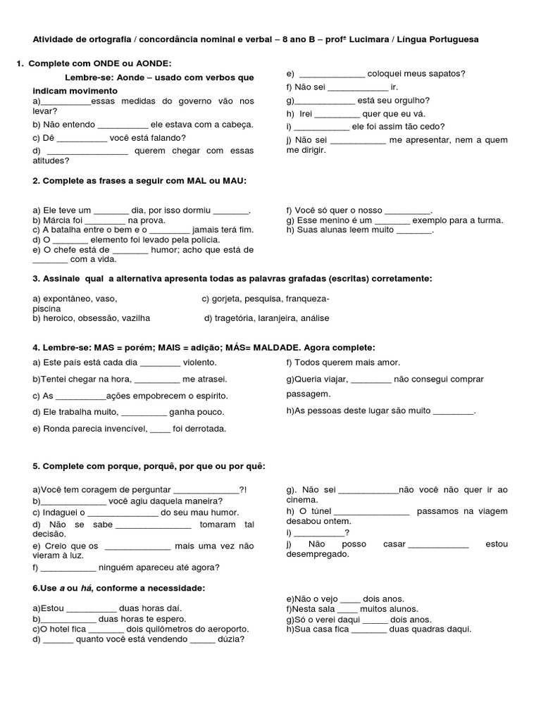 Atividade de Ortografia 8 Ano