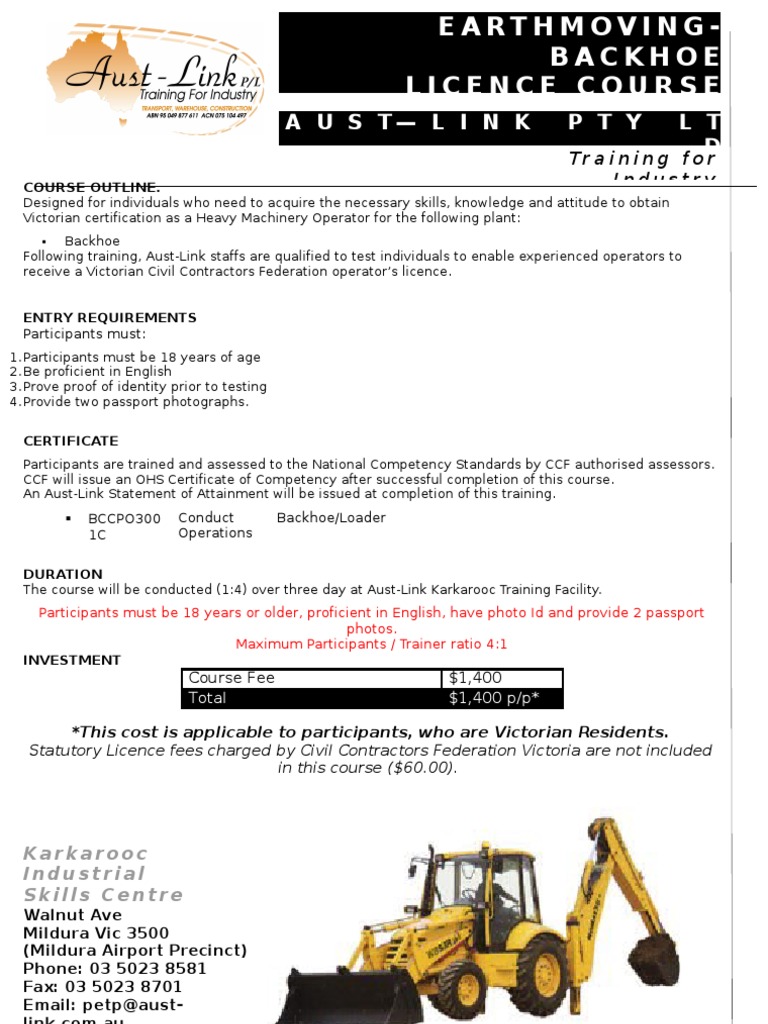 Flyer For Backhoe 3 Day Course Ffs PDF Official Documents Identity Document