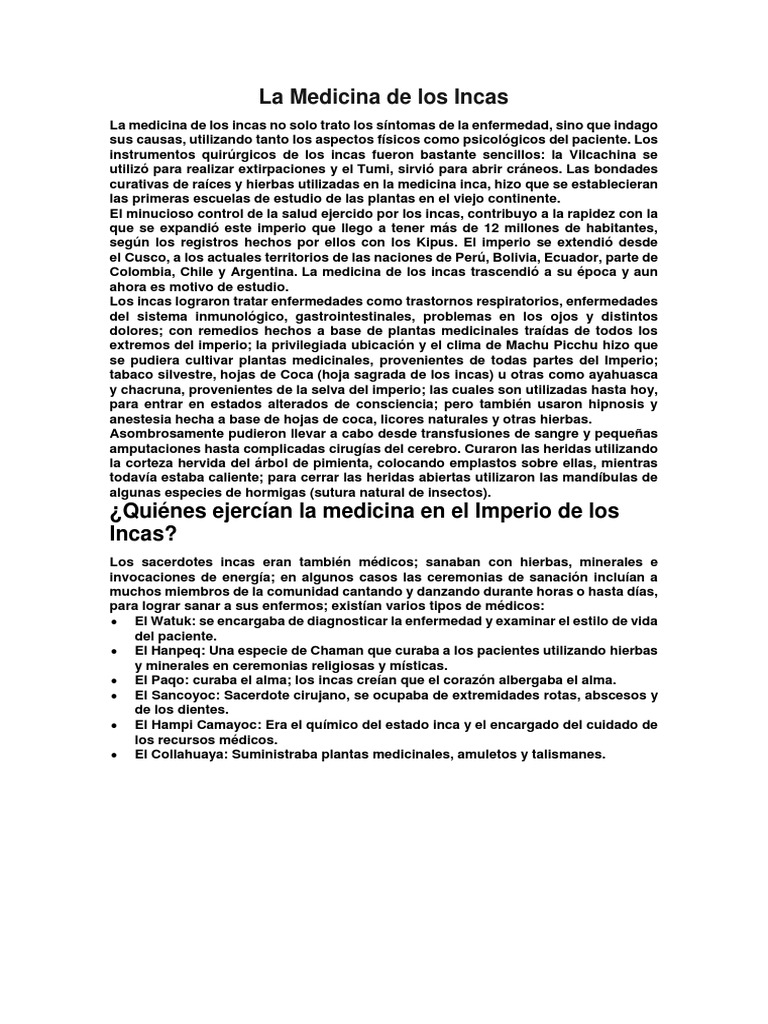 Medicina Inca: Plantas y Prácticas Curativas | PDF | Imperio Inca ...