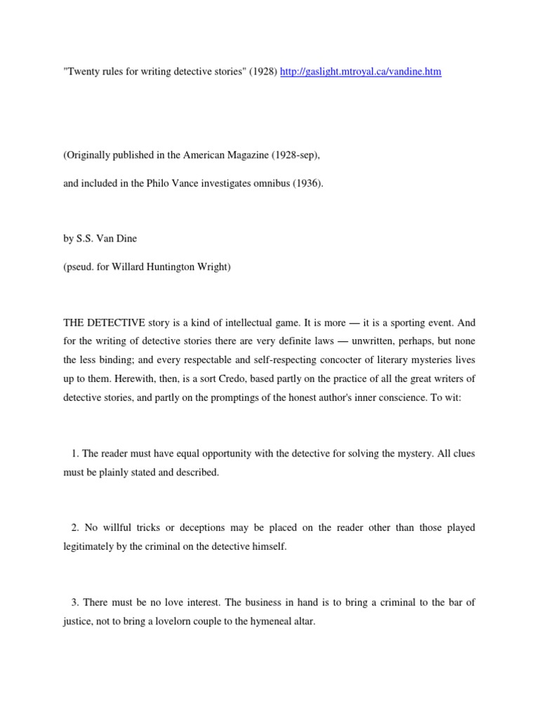 Twenty Rules For Writing Detective Storiesdocx S S Van - 
