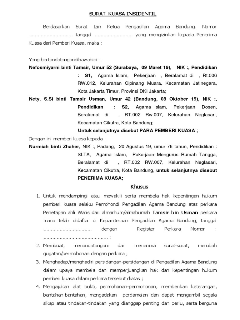 Contoh Surat Kuasa Insidentil