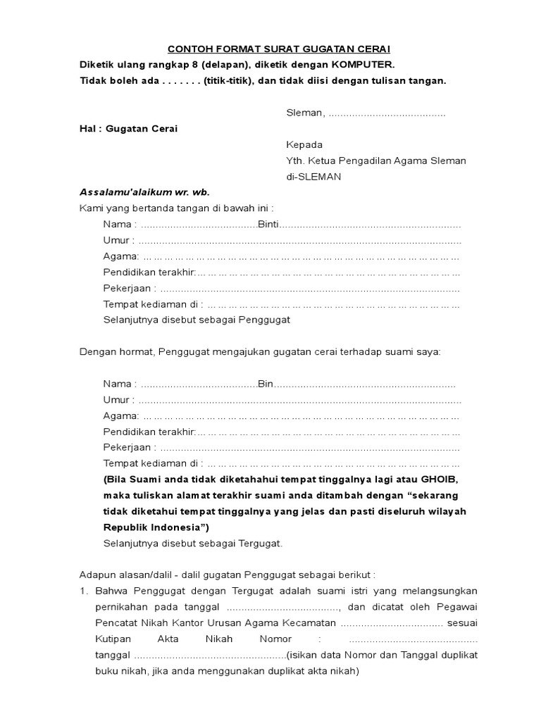 Format Contoh Surat Gugatan Cerai Isteri Yang Mengajukan Cerai Pdf