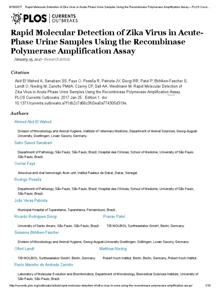 Rapid Molecular Detection of Zika Virus in Acute-Phase Urine Samples ...