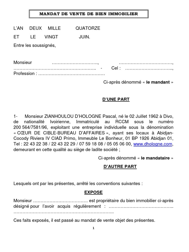 Modèle De Procuration Pour Vente Immobilière Pdf Mandat Vente Bien | PDF | Contrat de mandat | Gouvernement