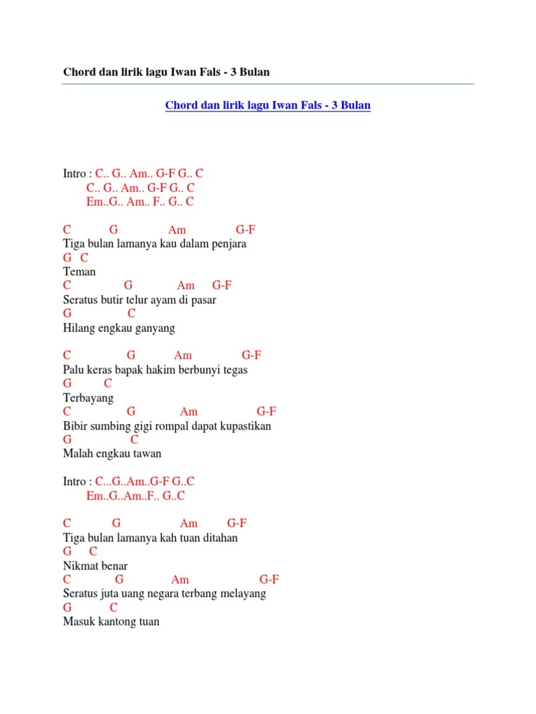 Chord Dan Lirik Lagu Iwan Fals 3 Bulan Pdf