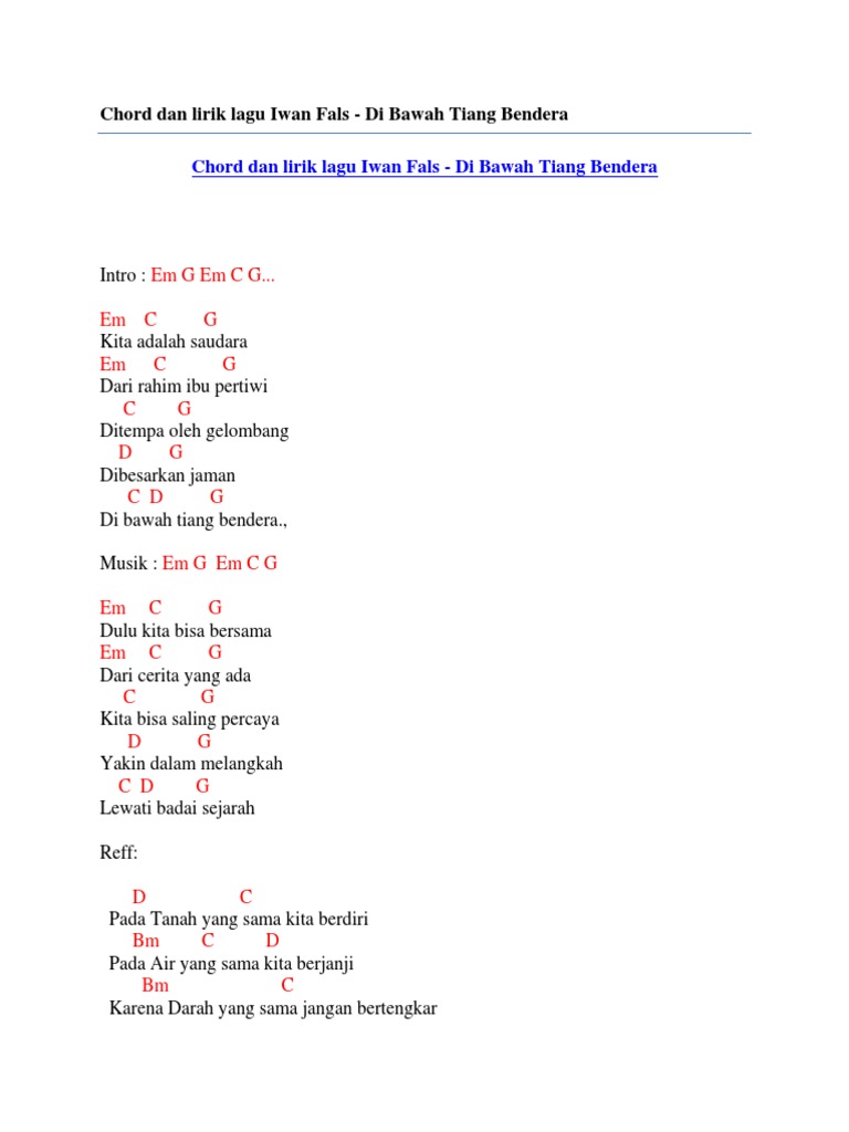 Chord Dan Lirik Lagu Iwan Fals Di Bawah Tiang Bendera