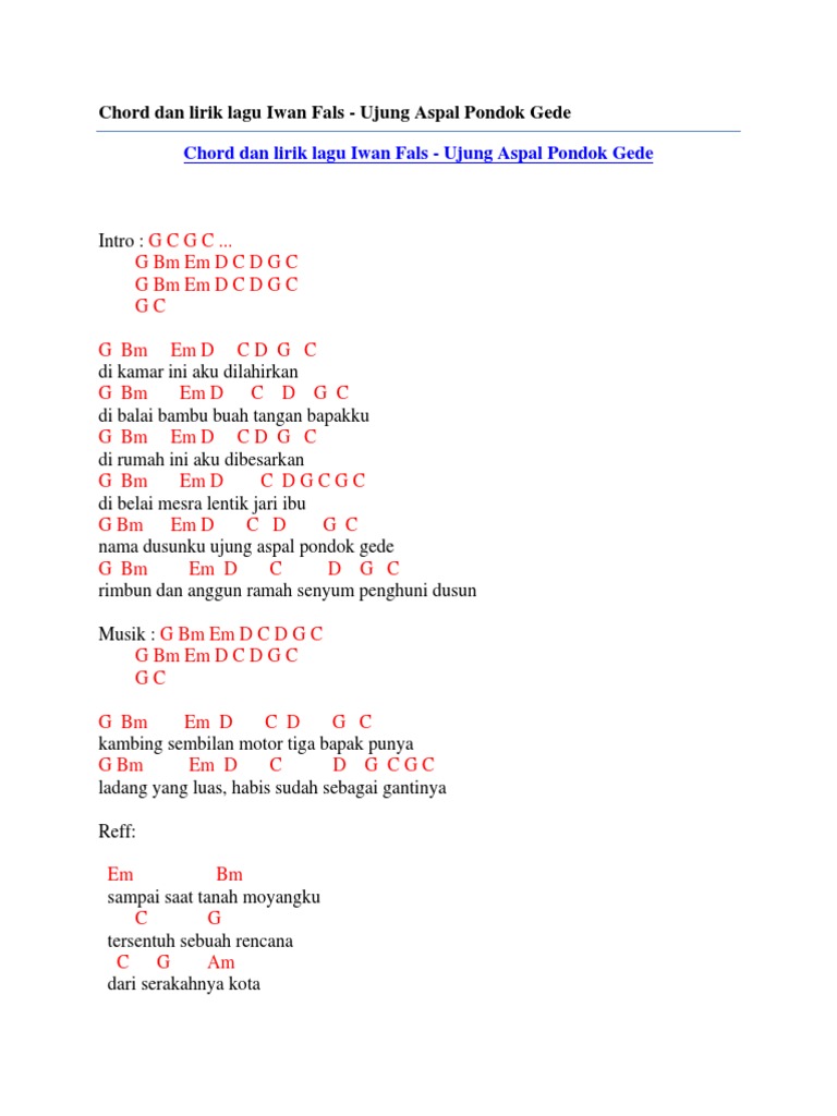 Chord Dan Lirik Lagu Iwan Fals - Ujung Aspal Pondok Gede | PDF