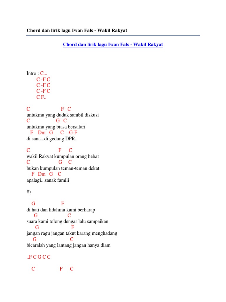 Chord Dan Lirik Lagu Iwan Fals Wakil Rakyat