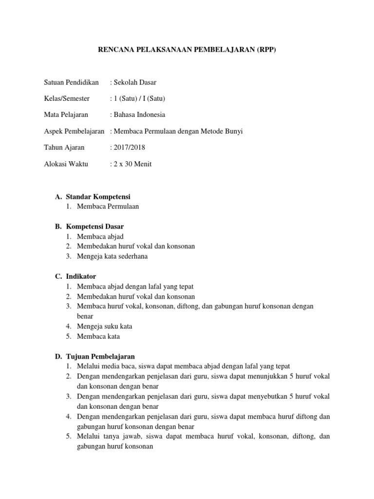 RPP Pembelajaran Membaca Kelas 1 SD | PDF