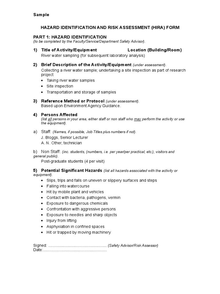 HIRA Risk Assessment for River Sampling | PDF
