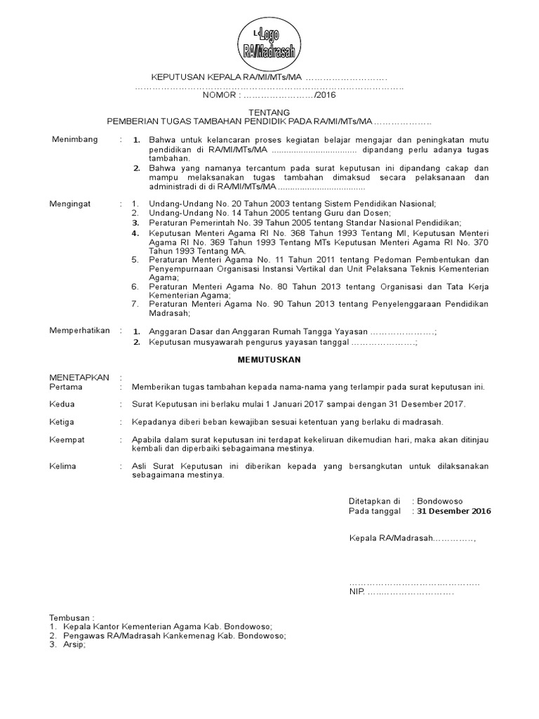 Contoh Sk Pengangkatan Tugas Tambahan Dg Lampiran Revisi