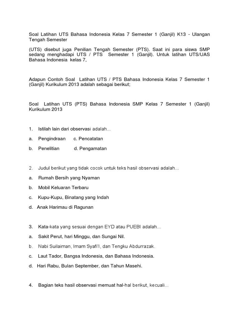 Soal Latihan Uts Bahasa Indonesia Kelas 7 Semester 1 K13