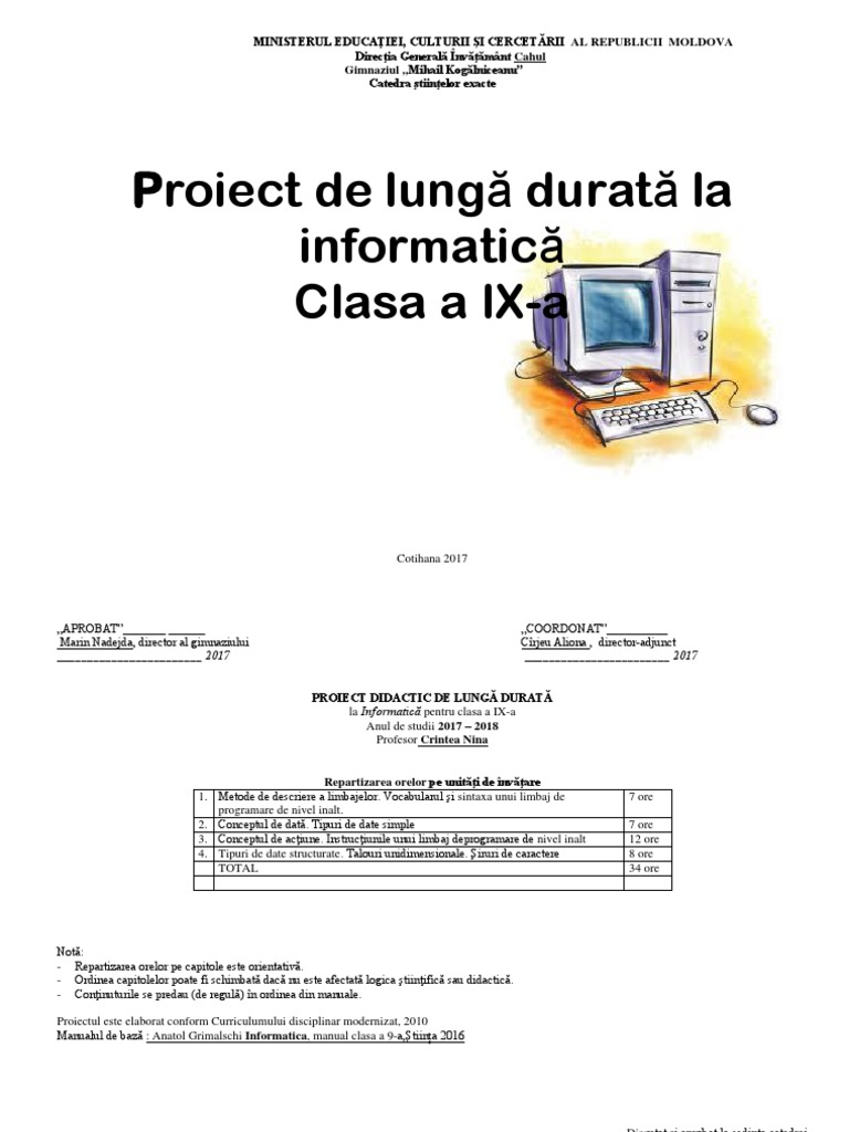 Proiectarea de Lunga Durata La Informatica Pentru Clasa A Ix | PDF